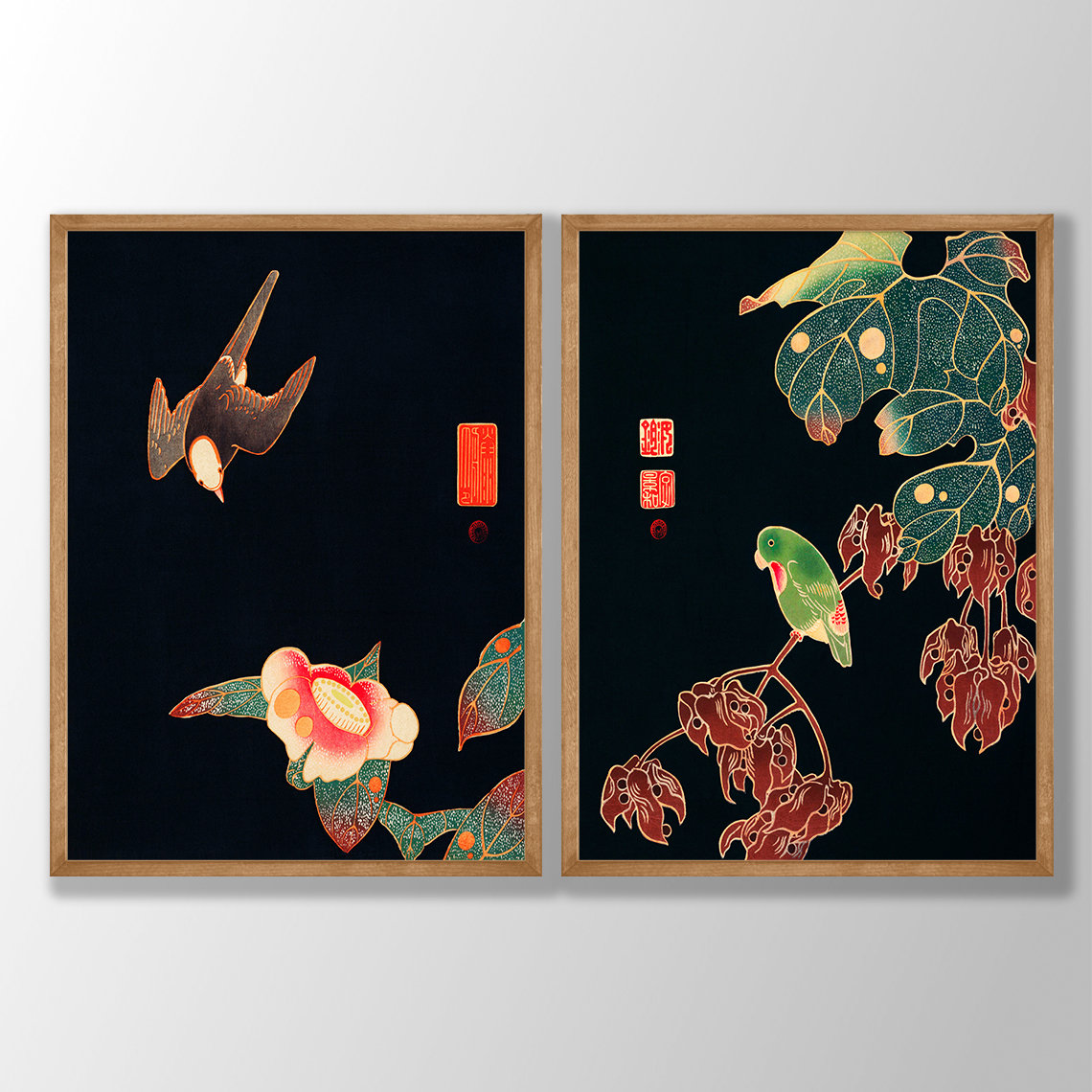 Japanese Minimalist Lifestyle - 2pcs Japanese Retro Woodcut Bird Art